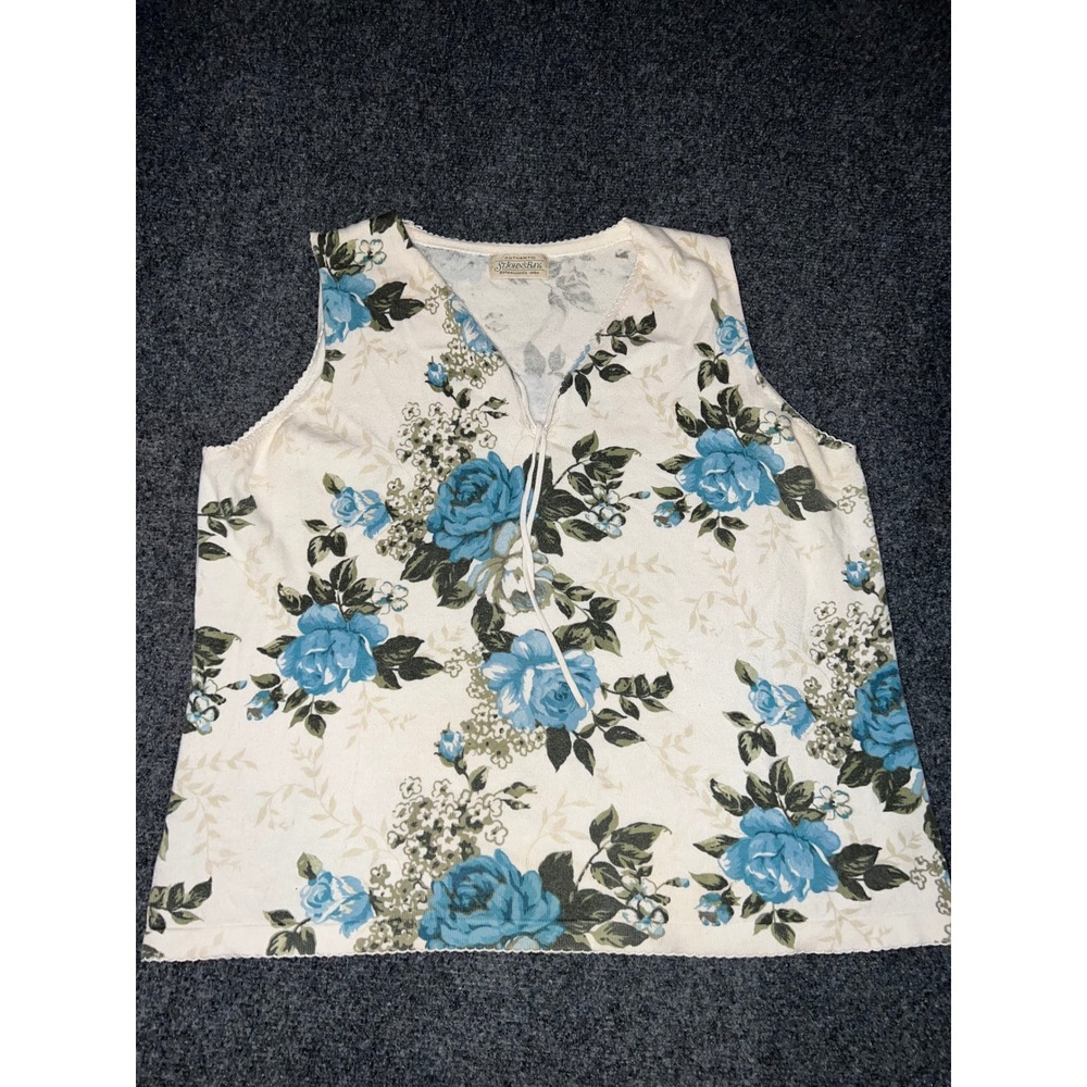 St. Johns Bay Blue Floral Sleeveless Knit Top Tie Neck Scallop Trim XL